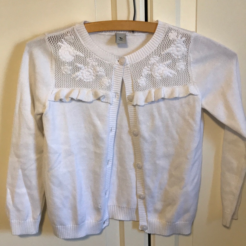 Tu white sweater with roses. Size 7